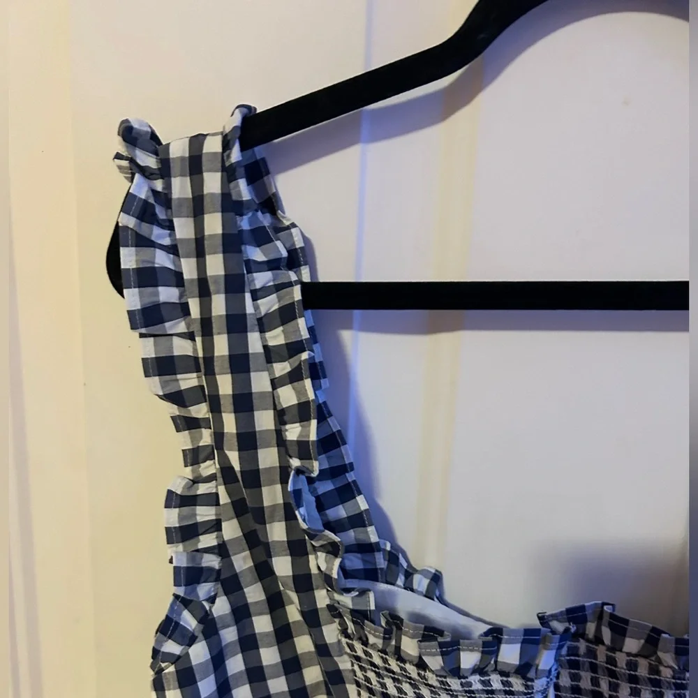 J.Crew Blue Gingham Smocked Ruffle Strap Top Size Large NWT Re-Imagined - Picture 7 of 14